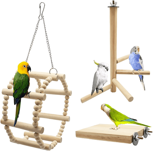 XH 3 Packs Bird Parrot Toys, Bird Toys Parrot Climbing Standing Toys, Natural Wooden Ladder Bird Toys Suitable for Small Parakeets, Cockatiels, Conures, Finches,Budgie,Macaws, Parrots, Love Birds