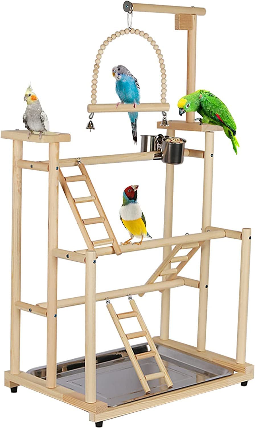 XJH 3 Layers Wood Bird Playground Large Parrot Playstand Bird Perch Stand Bird Gym Playground Playpen for Cockatiel Parakeet Parrot (With Installation Notes) Animals & Pet Supplies > Pet Supplies > Bird Supplies > Bird Gyms & Playstands XJH   