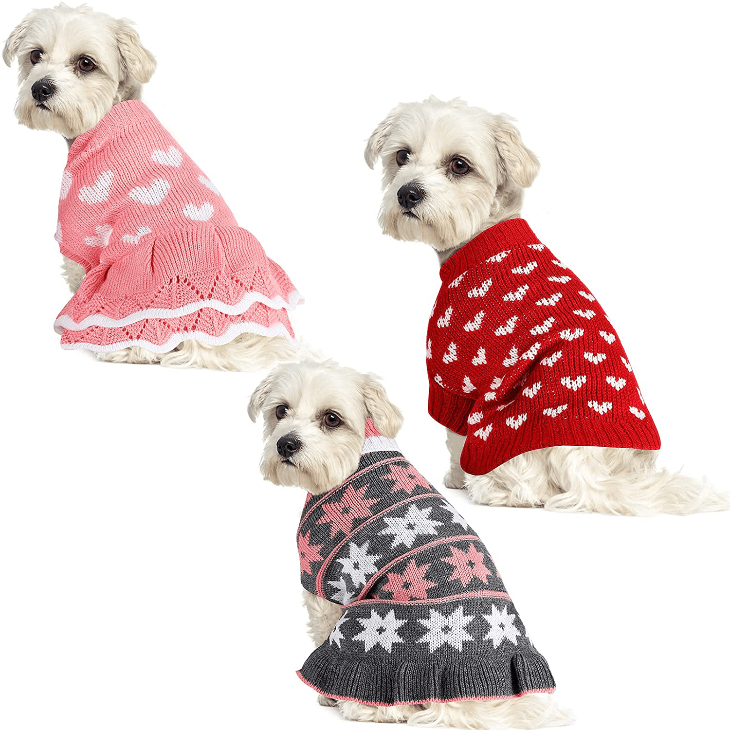 Xuniea 3 Pieces Dog Sweater Dress with Leash Hole Dog Coat Knitwear Vest Turtleneck Pullover Warm Pet Sweater Small Dog Sweater Pet Clothes Sweater for Puppy Cat Dog Animals & Pet Supplies > Pet Supplies > Dog Supplies > Dog Apparel Xuniea Gray, Pink, Red Medium, Small 