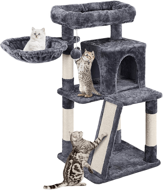 YAHEETECH 38In Cat Tree Tower with Oversized Plush Perch, Sisal-Covered Scratching Posts & Ramp, Basket, Stable Cat Condo Cat Climber Stand for Kittens Cats Pets Animals & Pet Supplies > Pet Supplies > Cat Supplies > Cat Furniture Yaheetech Dark Gray  