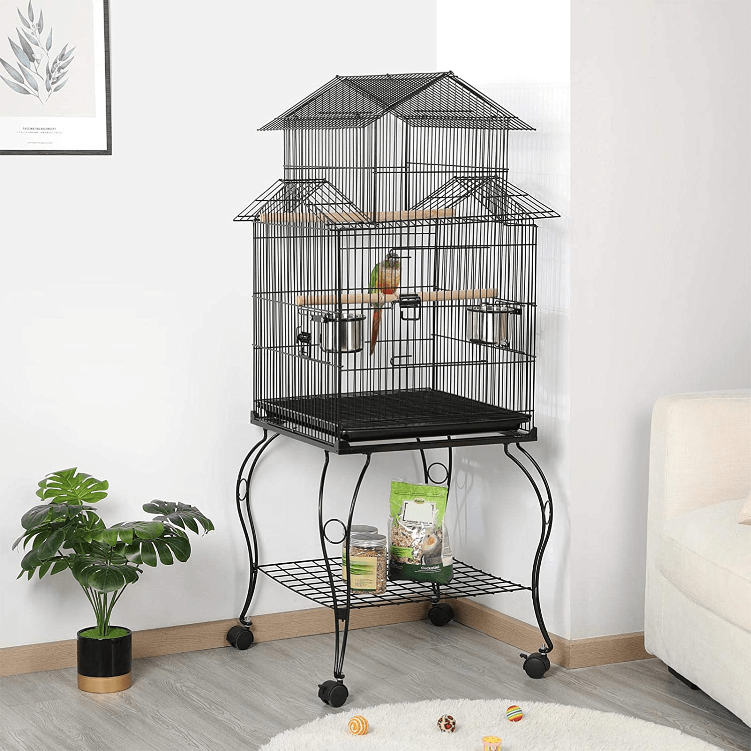Yaheetech 55-Inch Rolling Standing Triple Roof Top Medium Parrot Cage for Mid-Sized Parrots Cockatiels Sun Parakeets Green Cheek Conures Caique Pet Bird Cage with Detachable Stand Animals & Pet Supplies > Pet Supplies > Bird Supplies > Bird Cages & Stands Yaheetech   