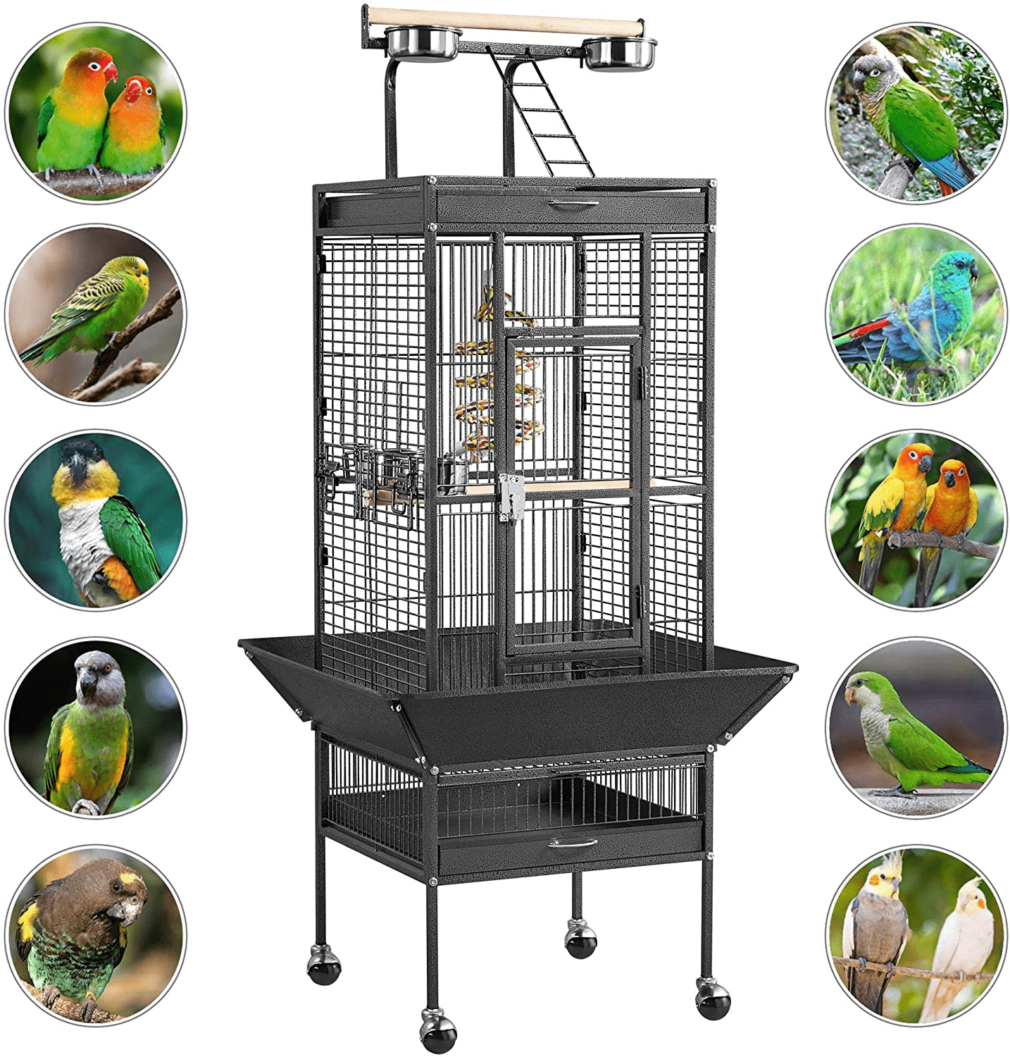 Yaheetech 61-Inch Playtop Wrought Iron Large Parrot Bird Cages with Rolling Stand for Cockatiels Amazon Parrot Quaker Conure Parakeet Lovebird Finch Canary Small Medium Parrot Cage Birdcage Animals & Pet Supplies > Pet Supplies > Bird Supplies > Bird Cages & Stands Yaheetech   