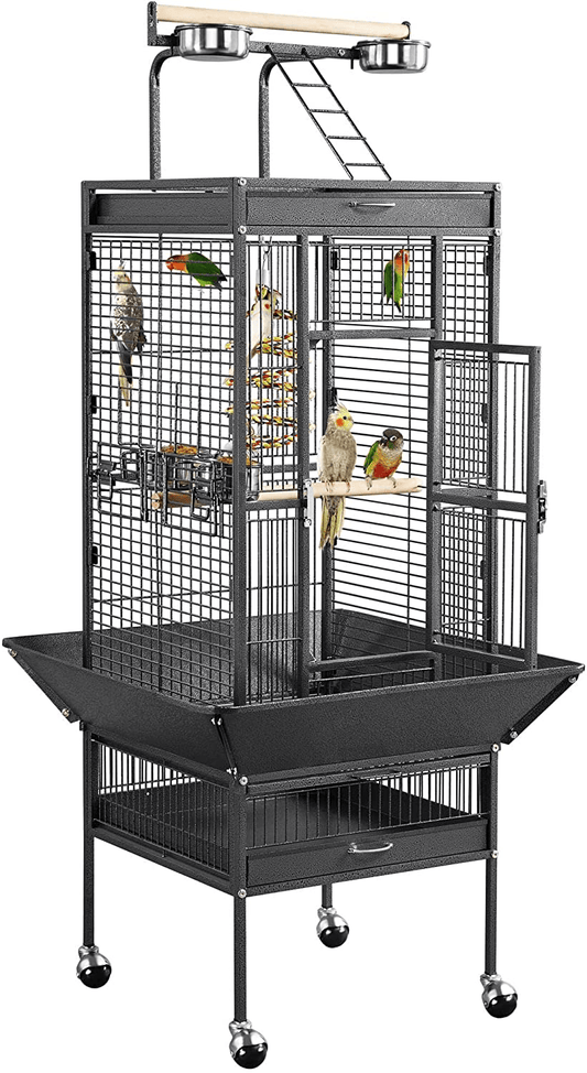 Yaheetech 61-Inch Playtop Wrought Iron Large Parrot Bird Cages with Rolling Stand for Cockatiels Amazon Parrot Quaker Conure Parakeet Lovebird Finch Canary Small Medium Parrot Cage Birdcage Animals & Pet Supplies > Pet Supplies > Bird Supplies > Bird Cages & Stands Yaheetech Black  