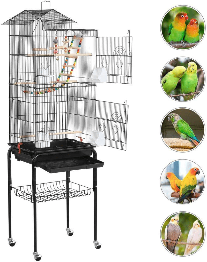 Yaheetech 62.4-Inch Tall Roof Top Large Flight Bird Cage for Small Quaker Parrots Cockatiels Sun Parakeets Green Cheek Conures Budgie Finch Lovebird Pet Bird Cage with Rolling Detachable Stand Animals & Pet Supplies > Pet Supplies > Bird Supplies > Bird Cages & Stands Yaheetech   