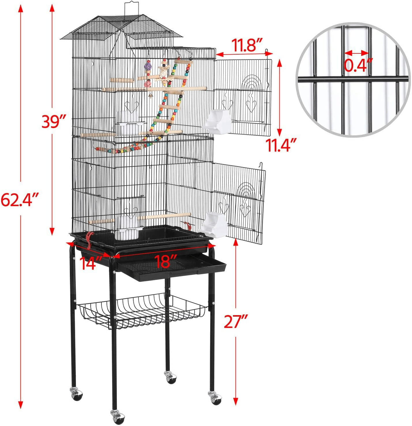 Yaheetech 62.4-Inch Tall Roof Top Large Flight Bird Cage for Small Quaker Parrots Cockatiels Sun Parakeets Green Cheek Conures Budgie Finch Lovebird Pet Bird Cage with Rolling Detachable Stand Animals & Pet Supplies > Pet Supplies > Bird Supplies > Bird Cages & Stands Yaheetech   