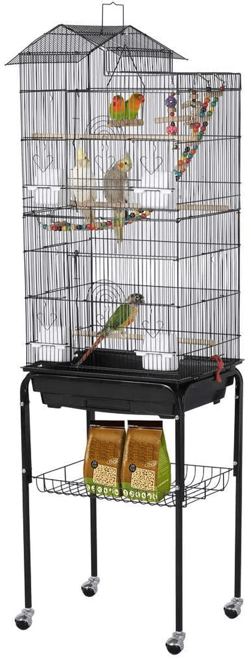 Yaheetech 62.4'' Roof Top Bird Cage Wrought Iron Rolling Parrot Cage for Medium Small Birds Budgies Cockatiels Parakeets Animals & Pet Supplies > Pet Supplies > Bird Supplies > Bird Cage Accessories Yaheetech Black  