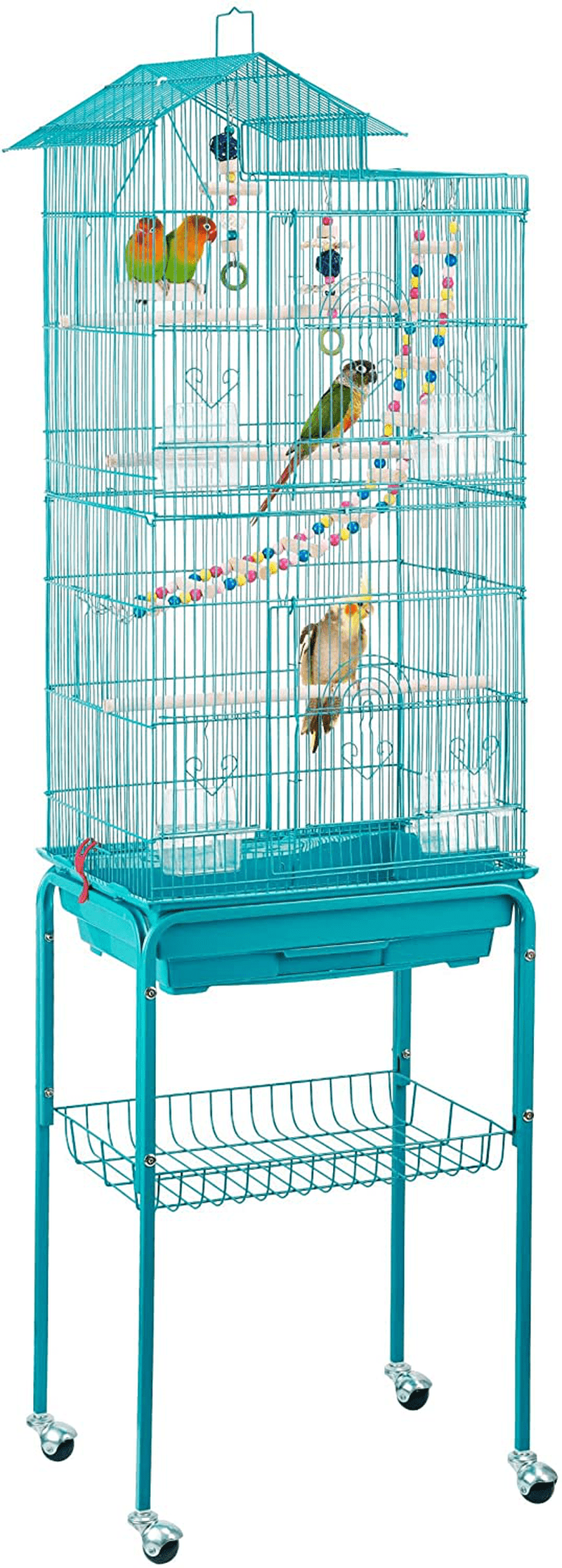 Yaheetech 62.4'' Roof Top Bird Cage Wrought Iron Rolling Parrot Cage for Medium Small Birds Budgies Cockatiels Parakeets Animals & Pet Supplies > Pet Supplies > Bird Supplies > Bird Cage Accessories Yaheetech Teal Blue  