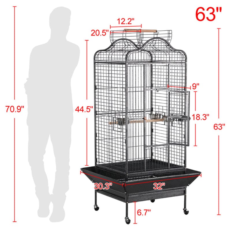 Yaheetech 63''H Open Playtop Extra Large Bird Cage Parrot Cage for African Grey Sun Conures Parakeets Cockatiels, Large Rolling Metal Pet Cage with Stand & Open Roof