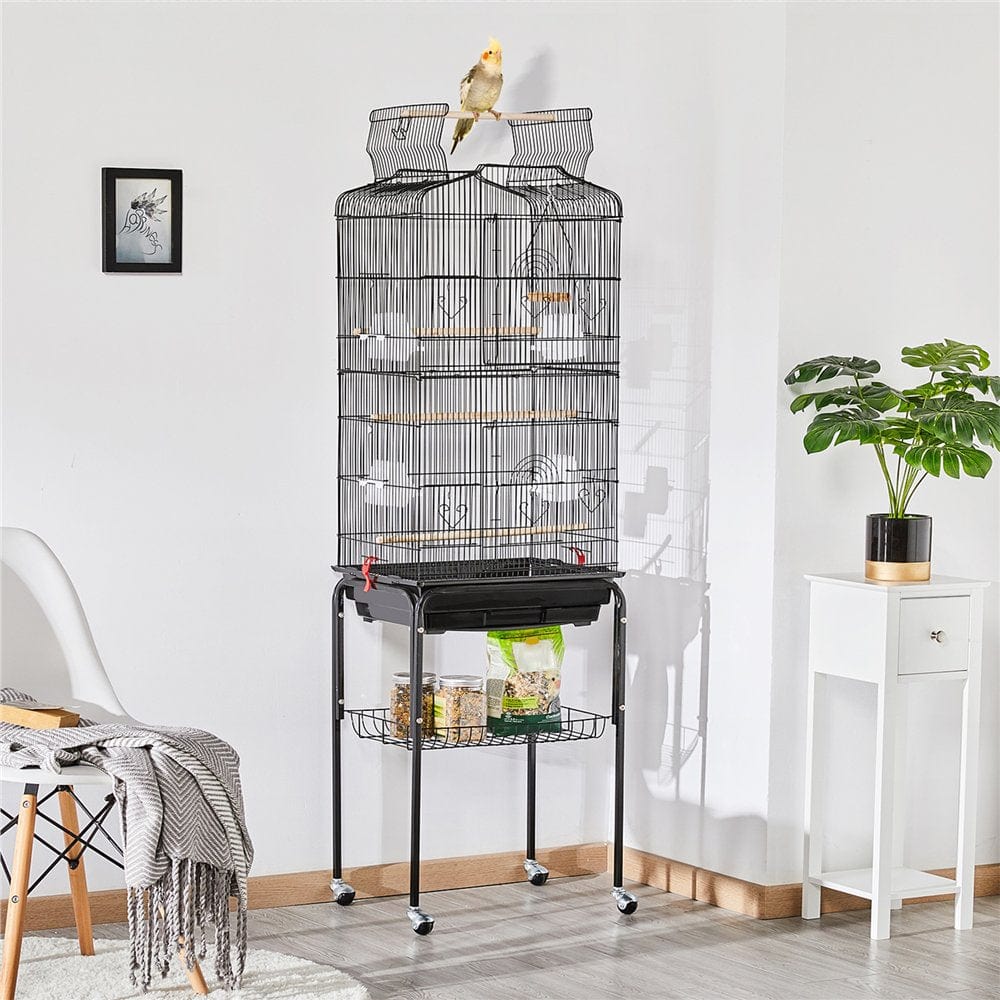 Yaheetech 64''H Open Top Metal Bird Cage Large Parrot Cage W/ Double Doors & Rolling Stand for Budgie Parrot Canary Cockatiel, Black Animals & Pet Supplies > Pet Supplies > Bird Supplies > Bird Cages & Stands Yaheetech   