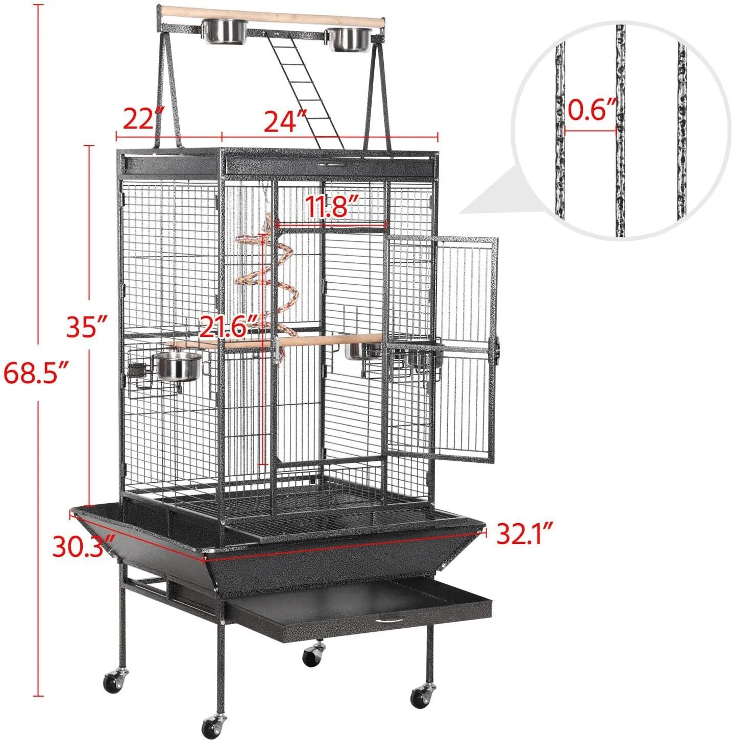 Yaheetech 69-Inch Wrought Iron Rolling Large Parrot Bird Cage for African Grey Small Quaker Amazon Parrot Cockatiel Sun Parakeet Green Cheek Conure Dove Lovebird Budgie Play Top Bird Cage with Stand Animals & Pet Supplies > Pet Supplies > Bird Supplies > Bird Cages & Stands Yaheetech   