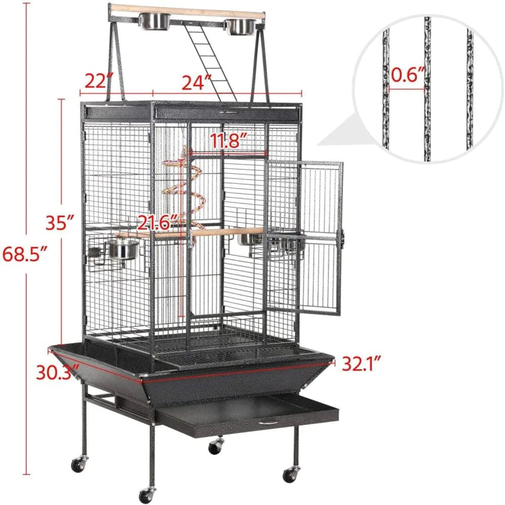 Yaheetech 69-Inch Wrought Iron Rolling Large Parrot Bird Cage for African Grey Small Quaker Parrot Cockatiel Sun Parakeet Green Cheek Conure Dove Lovebird Budgie Play Top Bird Cage with Stand Animals & Pet Supplies > Pet Supplies > Bird Supplies > Bird Cages & Stands Yaheetech   