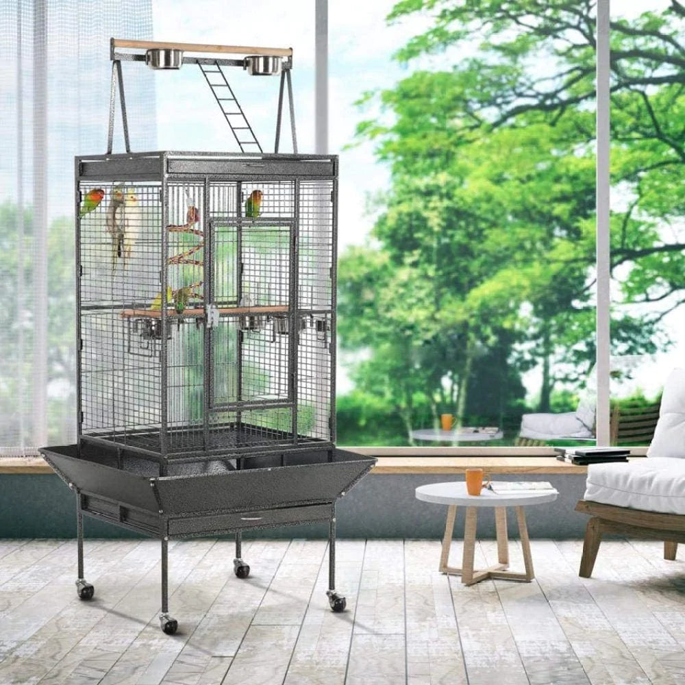 Yaheetech 69-Inch Wrought Iron Rolling Large Parrot Bird Cage for African Grey Small Quaker Parrot Cockatiel Sun Parakeet Green Cheek Conure Dove Lovebird Budgie Play Top Bird Cage with Stand Animals & Pet Supplies > Pet Supplies > Bird Supplies > Bird Cages & Stands Yaheetech   