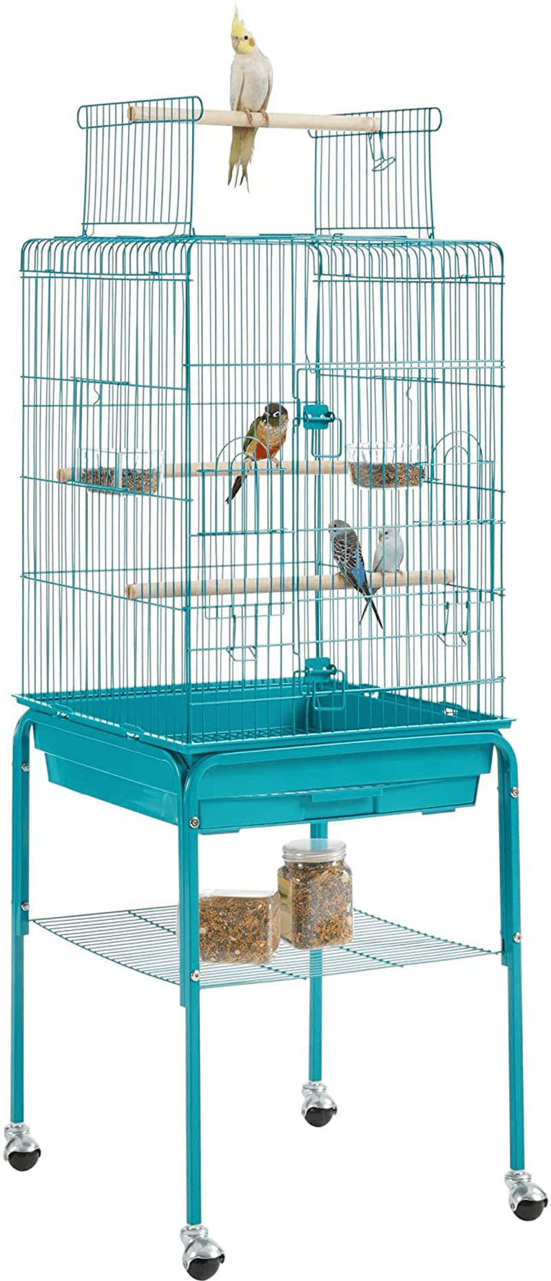 Yaheetech Open Top Rolling Parrot Bird Cage for Cockatiel Sun Parakeet Green Cheek Conure Mid-Sized Parrot Cage with Detachable Stand Animals & Pet Supplies > Pet Supplies > Bird Supplies > Bird Cage Accessories Yaheetech Teal Blue  