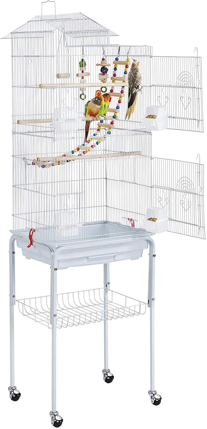 Yaheetech Rolling Metal Bird Cage for Parakeets Cockatiels Conures Finches Lovebirds Canaries Budgies Small Parrots with Detachable Stand, White Animals & Pet Supplies > Pet Supplies > Bird Supplies > Bird Cages & Stands Yaheetech   