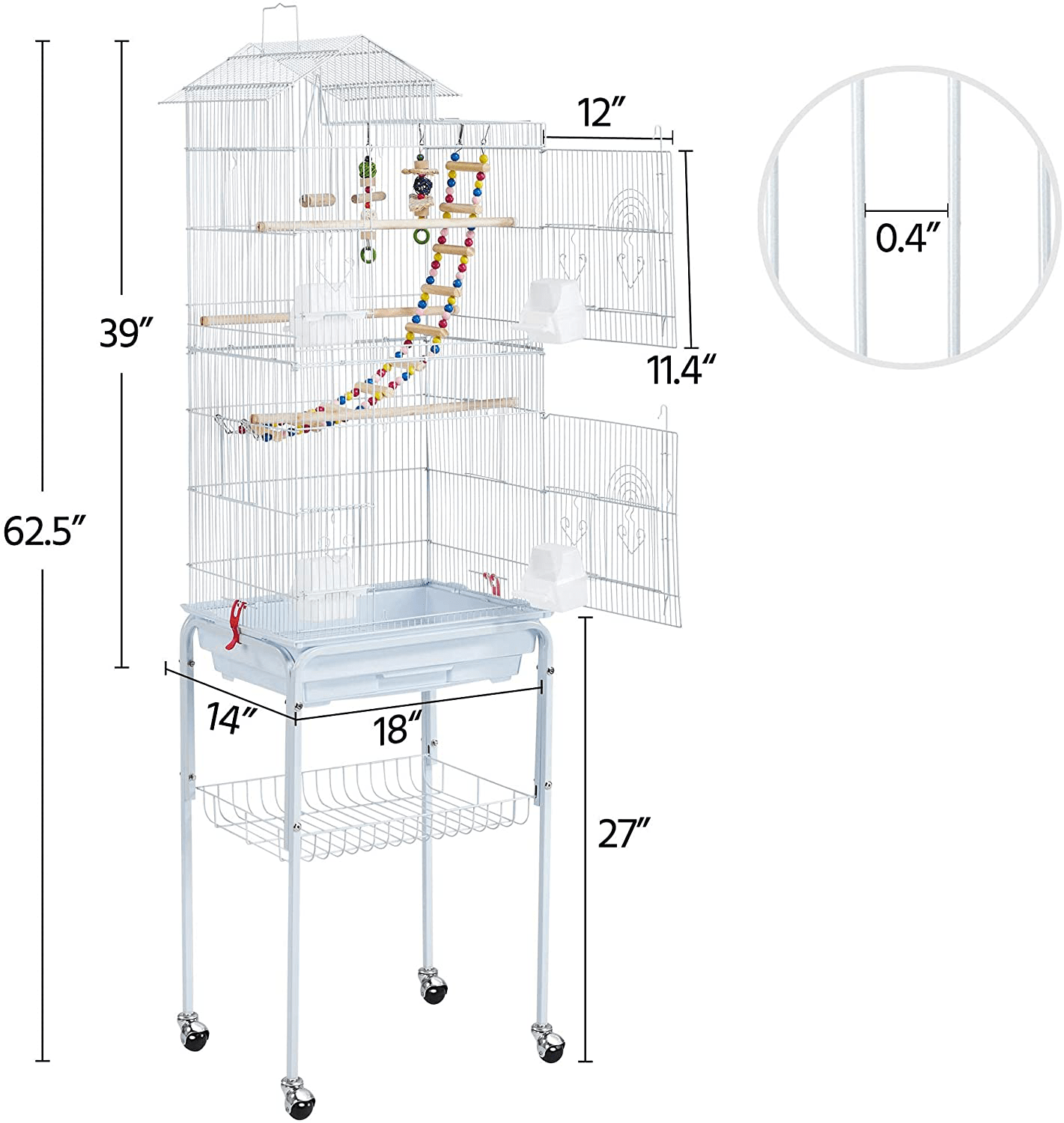 Yaheetech Rolling Metal Bird Cage for Parakeets Cockatiels Conures Finches Lovebirds Canaries Budgies Small Parrots with Detachable Stand, White Animals & Pet Supplies > Pet Supplies > Bird Supplies > Bird Cages & Stands Yaheetech   