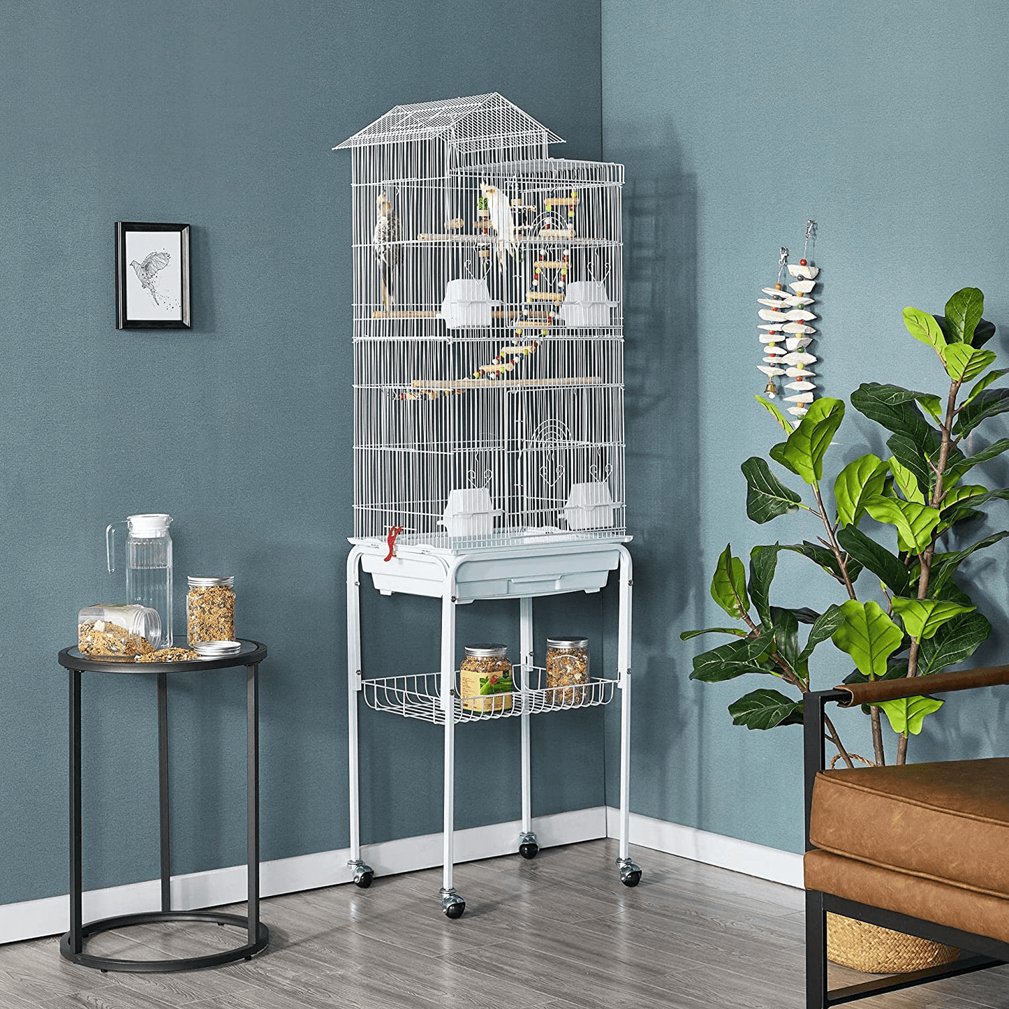 Yaheetech Rolling Metal Bird Cage for Parakeets Cockatiels Conures Finches Lovebirds Canaries Budgies Small Parrots with Detachable Stand, White Animals & Pet Supplies > Pet Supplies > Bird Supplies > Bird Cages & Stands Yaheetech   