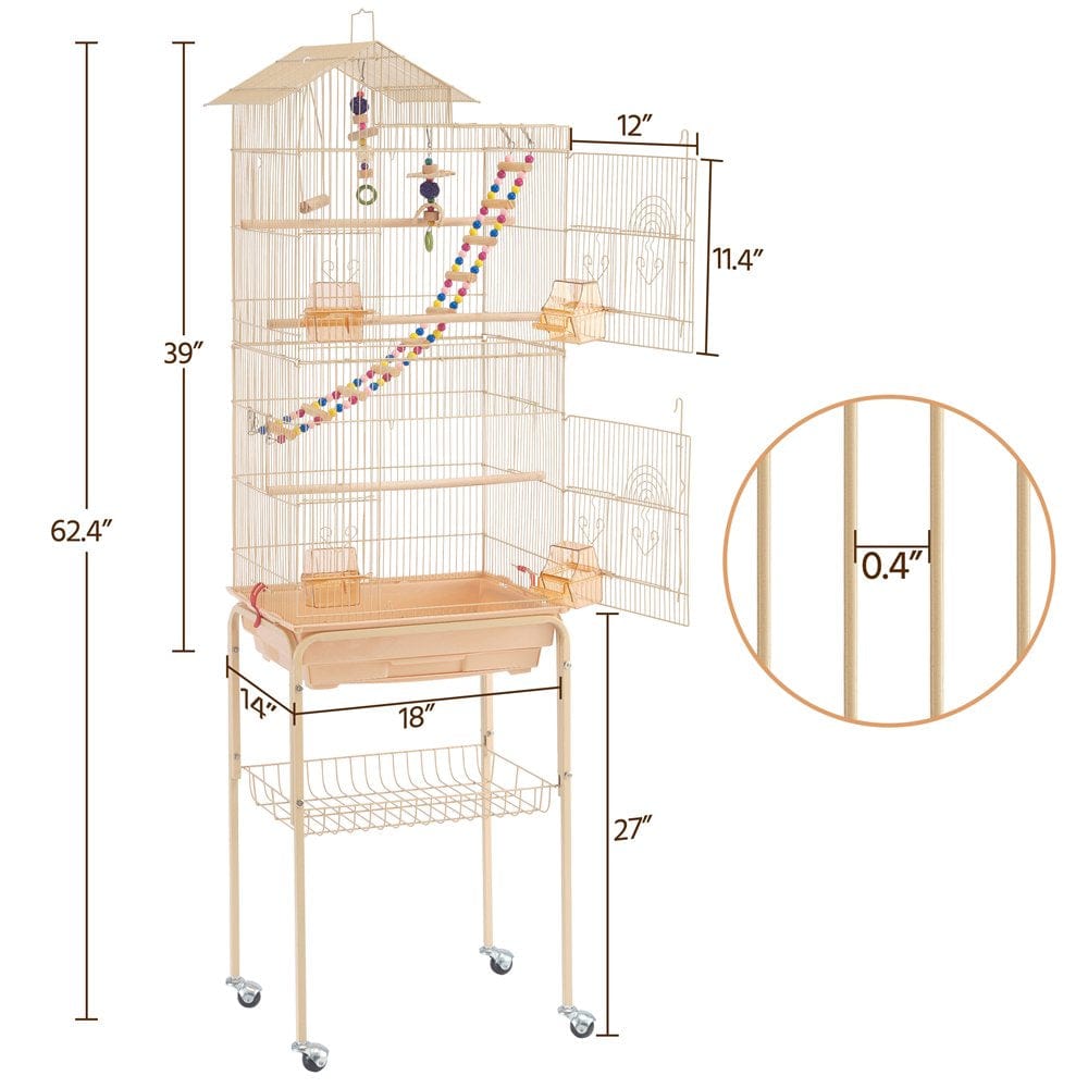 Yaheetech Rolling Metal Bird Cage with Detachable Stand Large Parrot Cage W/ Stand & Toys Budgies Cockatiels Parakeets, Almond Animals & Pet Supplies > Pet Supplies > Bird Supplies > Bird Cages & Stands Yaheetech   