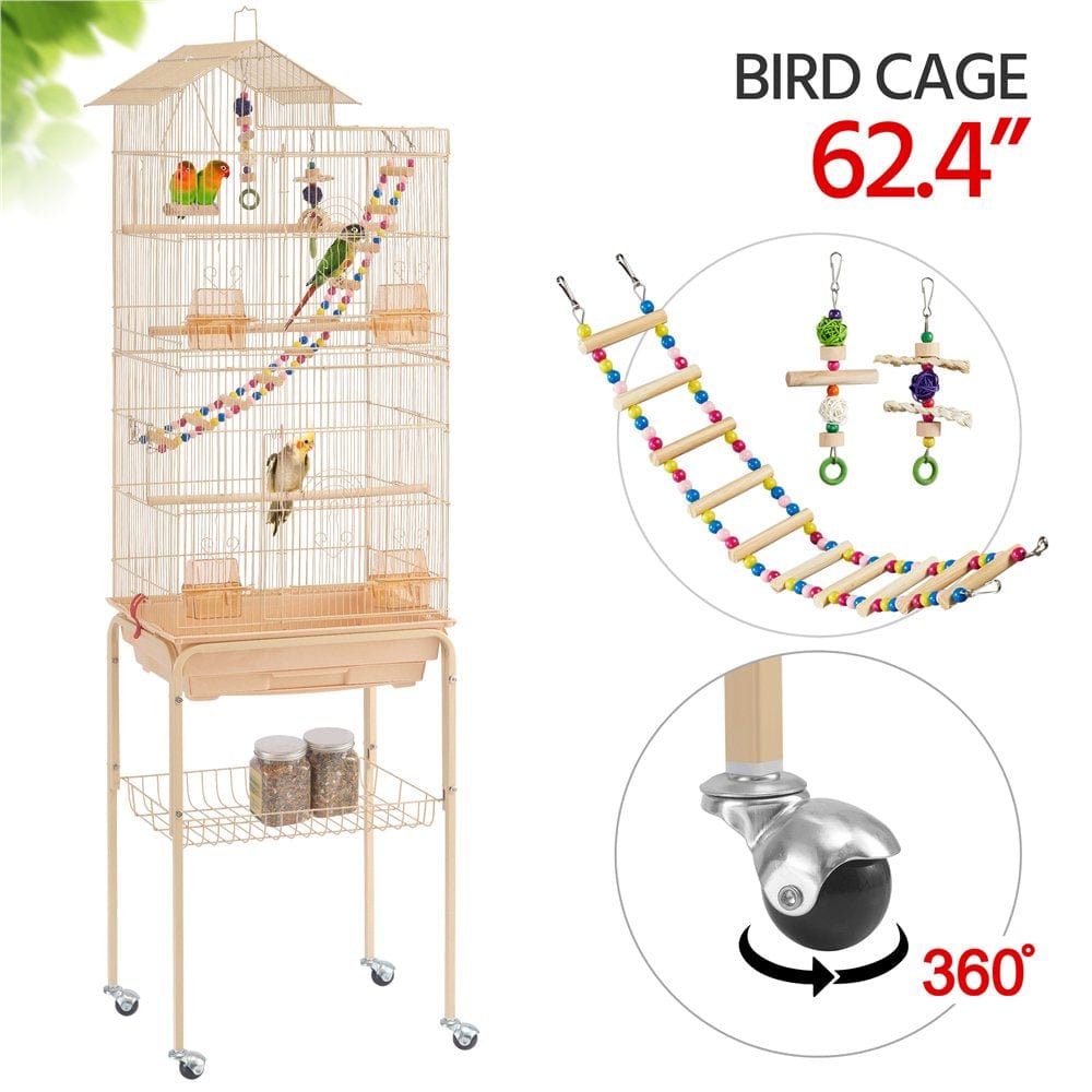 Yaheetech Rolling Metal Bird Cage with Detachable Stand Large Parrot Cage W/ Stand & Toys Budgies Cockatiels Parakeets, Almond Animals & Pet Supplies > Pet Supplies > Bird Supplies > Bird Cages & Stands Yaheetech   