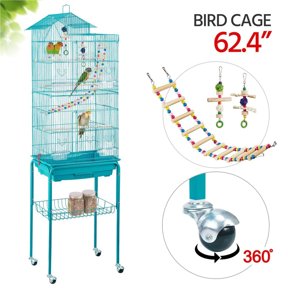 Yaheetech Rolling Metal Bird Cage with Detachable Stand Large Parrot Cage W/ Stand & Toys Budgies Cockatiels Parakeets, Almond Animals & Pet Supplies > Pet Supplies > Bird Supplies > Bird Cages & Stands Yaheetech Teal Blue  