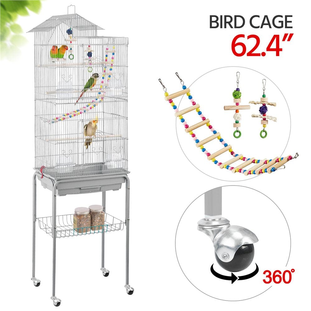 Yaheetech Rolling Metal Bird Cage with Detachable Stand Large Parrot Cage W/ Stand & Toys Budgies Cockatiels Parakeets, Almond Animals & Pet Supplies > Pet Supplies > Bird Supplies > Bird Cages & Stands Yaheetech Light Gray  