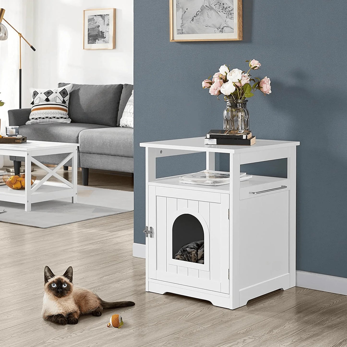 Yaheetech Wooden Cat Litter Box, Lockable Pet Side Table with Hidden Crate for Cats, Decorative Pet House with Structure and Open Shelf, L20.5Xw19.5Xh25.5 In, White Animals & Pet Supplies > Pet Supplies > Cat Supplies > Cat Furniture Yaheetech   