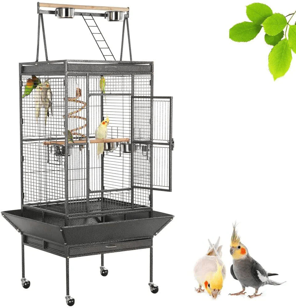 Yaheetech Wrought Iron Rolling Large Bird Cages for African Grey Small Quaker Amazon Parrots Cockatiels Sun Parakeets Green Cheek Conures Doves Lovebirds Budgies Play Top Bird Cage with Stand Animals & Pet Supplies > Pet Supplies > Bird Supplies > Bird Cages & Stands Yaheetech 68-inch  