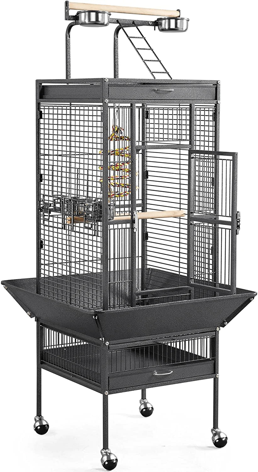 Yaheetech Wrought Iron Rolling Large Bird Cages for African Grey Small Quaker Amazon Parrots Cockatiels Sun Parakeets Green Cheek Conures Doves Lovebirds Budgies Play Top Bird Cage with Stand Animals & Pet Supplies > Pet Supplies > Bird Supplies > Bird Cages & Stands Yaheetech 61-inch  
