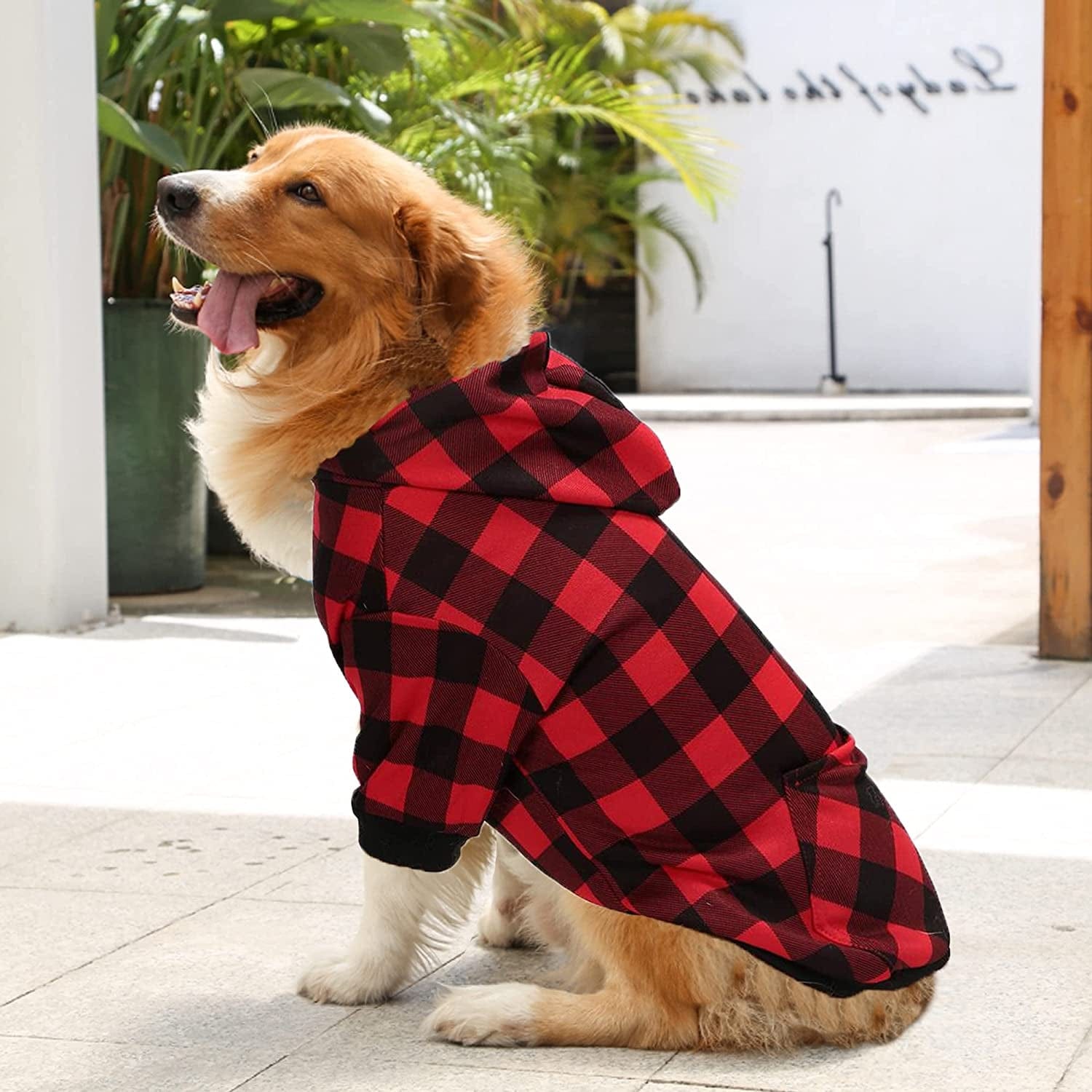 YAODHAO Dog Hoodie British Style Plaid Pet Sweaters with Hat Fleece Cold Weather Dog Hoodies with Pocket Windproof Pullover Pet Winter Casual Sweatshirts for Large Dogs with Harness Hole (Medium) Animals & Pet Supplies > Pet Supplies > Dog Supplies > Dog Apparel YAODHAOD   