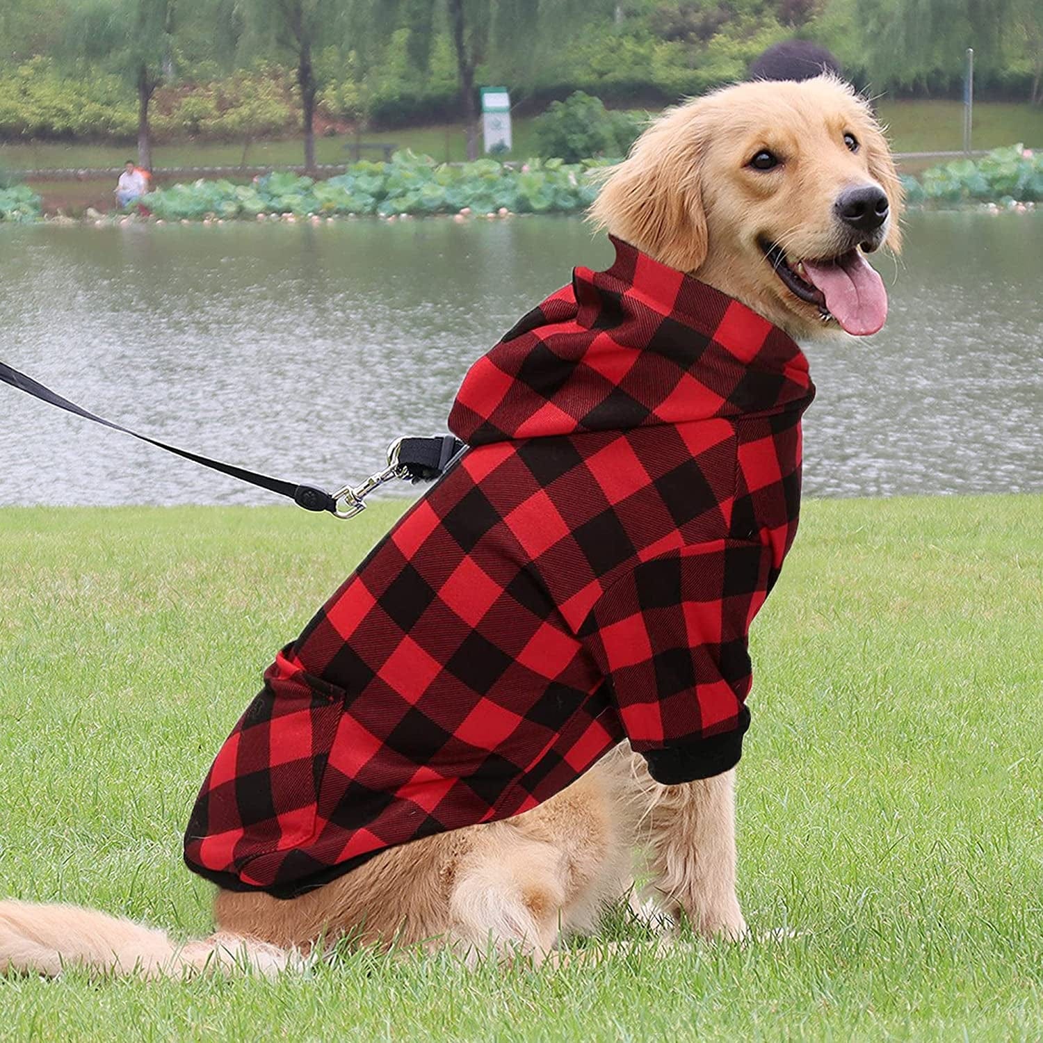 YAODHAO Dog Hoodie British Style Plaid Pet Sweaters with Hat Fleece Cold Weather Dog Hoodies with Pocket Windproof Pullover Pet Winter Casual Sweatshirts for Large Dogs with Harness Hole (Medium) Animals & Pet Supplies > Pet Supplies > Dog Supplies > Dog Apparel YAODHAOD   