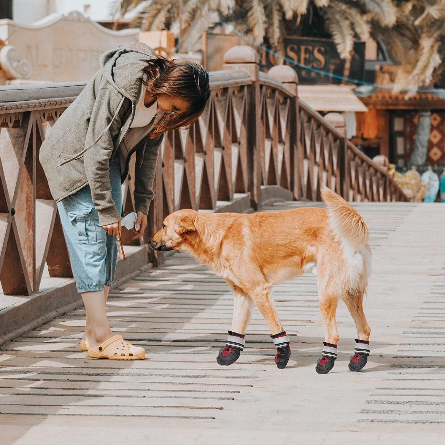 YAODHAOD Dog Shoes Dog Boots & Paw Protectors Waterproof Rugged Anti-Slip Sole Outdoor Dog Hiking Boots with Reflective Strips Winter Snow Booties for Medium Large Dogs 4Pcs/Set (Red, Size 4) Animals & Pet Supplies > Pet Supplies > Dog Supplies > Dog Apparel YAODHAOD   