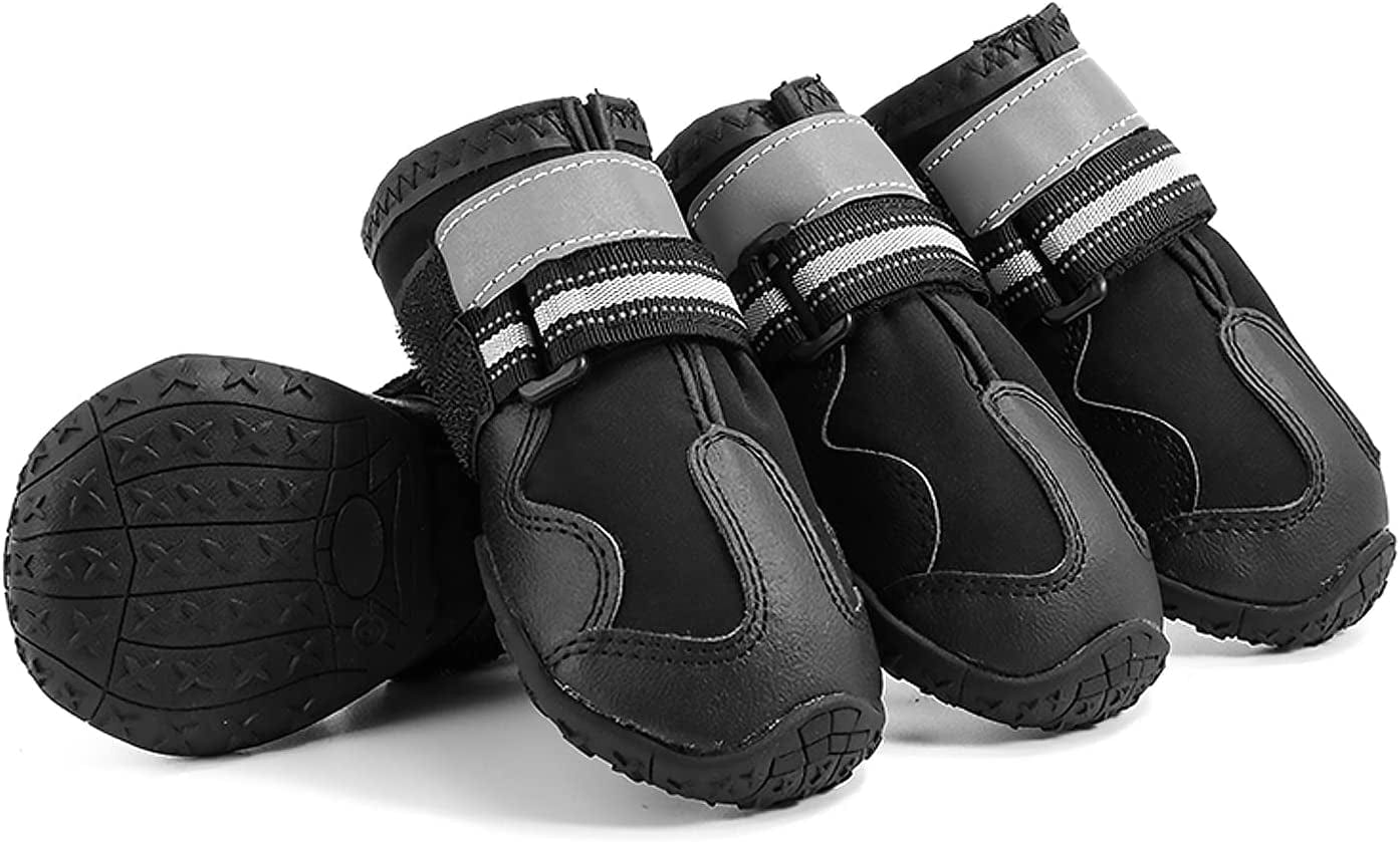 YAODHAOD Dog Shoes Dog Boots & Paw Protectors Waterproof Rugged Anti-Slip Sole Outdoor Dog Hiking Boots with Reflective Strips Winter Snow Booties for Medium Large Dogs 4Pcs/Set (Red, Size 4) Animals & Pet Supplies > Pet Supplies > Dog Supplies > Dog Apparel YAODHAOD Black Size 5: 2.8''x2.4''(L*W) (for 40-55 lbs ) 