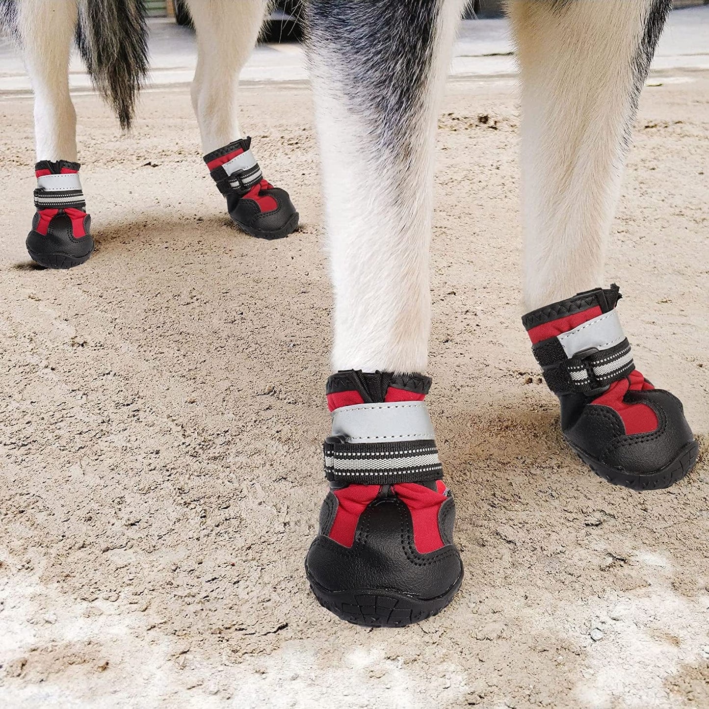 YAODHAOD Dog Shoes Dog Boots & Paw Protectors Waterproof Rugged Anti-Slip Sole Outdoor Dog Hiking Boots with Reflective Strips Winter Snow Booties for Medium Large Dogs 4Pcs/Set (Red, Size 4) Animals & Pet Supplies > Pet Supplies > Dog Supplies > Dog Apparel YAODHAOD   