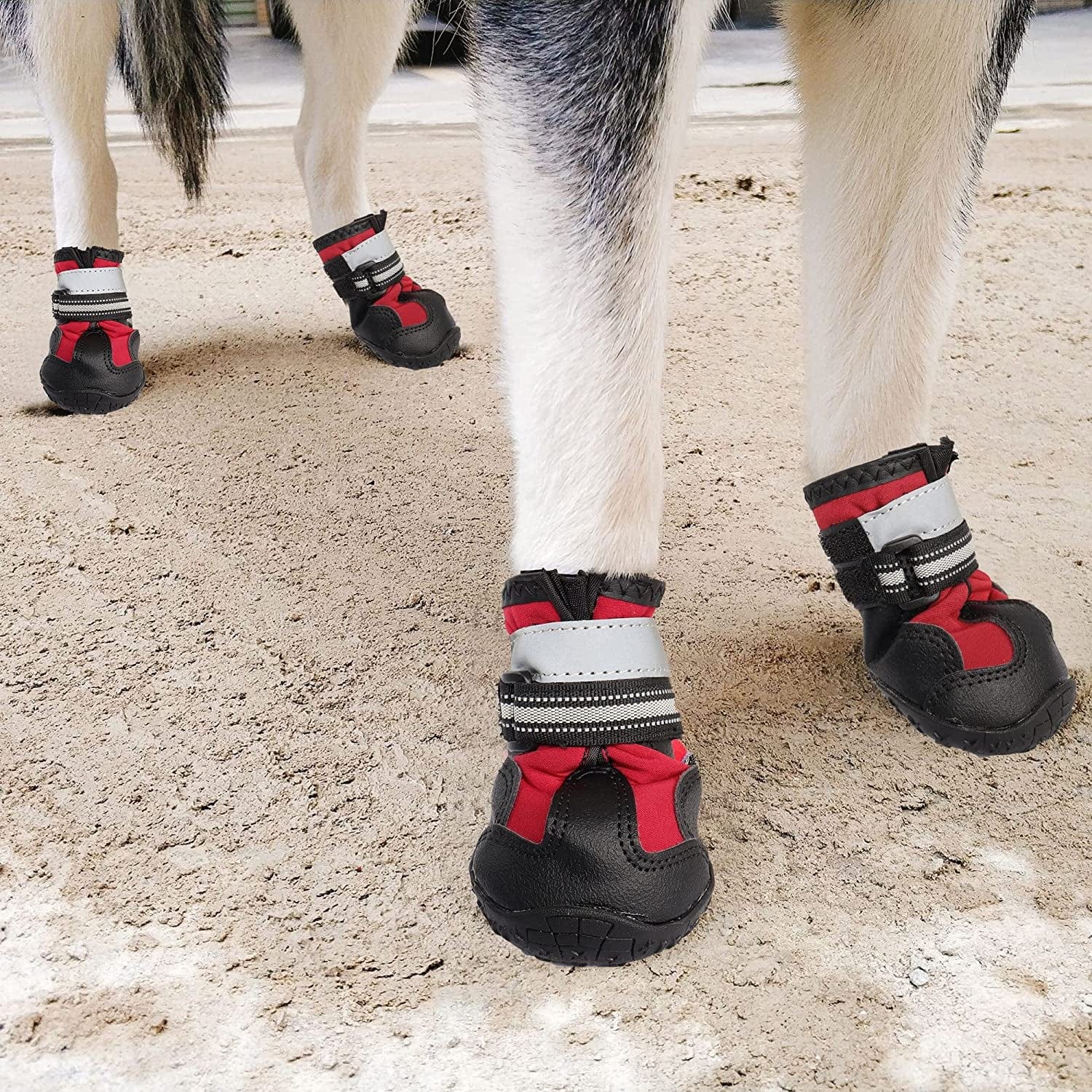 YAODHAOD Dog Shoes Dog Boots & Paw Protectors Waterproof Rugged Anti-Slip Sole Outdoor Dog Hiking Boots with Reflective Strips Winter Snow Booties for Medium Large Dogs 4Pcs/Set (Red, Size 4) Animals & Pet Supplies > Pet Supplies > Dog Supplies > Dog Apparel YAODHAOD   