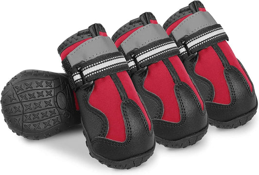YAODHAOD Dog Shoes Dog Boots & Paw Protectors Waterproof Rugged Anti-Slip Sole Outdoor Dog Hiking Boots with Reflective Strips Winter Snow Booties for Medium Large Dogs 4Pcs/Set (Red, Size 4) Animals & Pet Supplies > Pet Supplies > Dog Supplies > Dog Apparel YAODHAOD Red Size 7: 3.2''x2.8''(L*W) (for 63-75 lbs) 