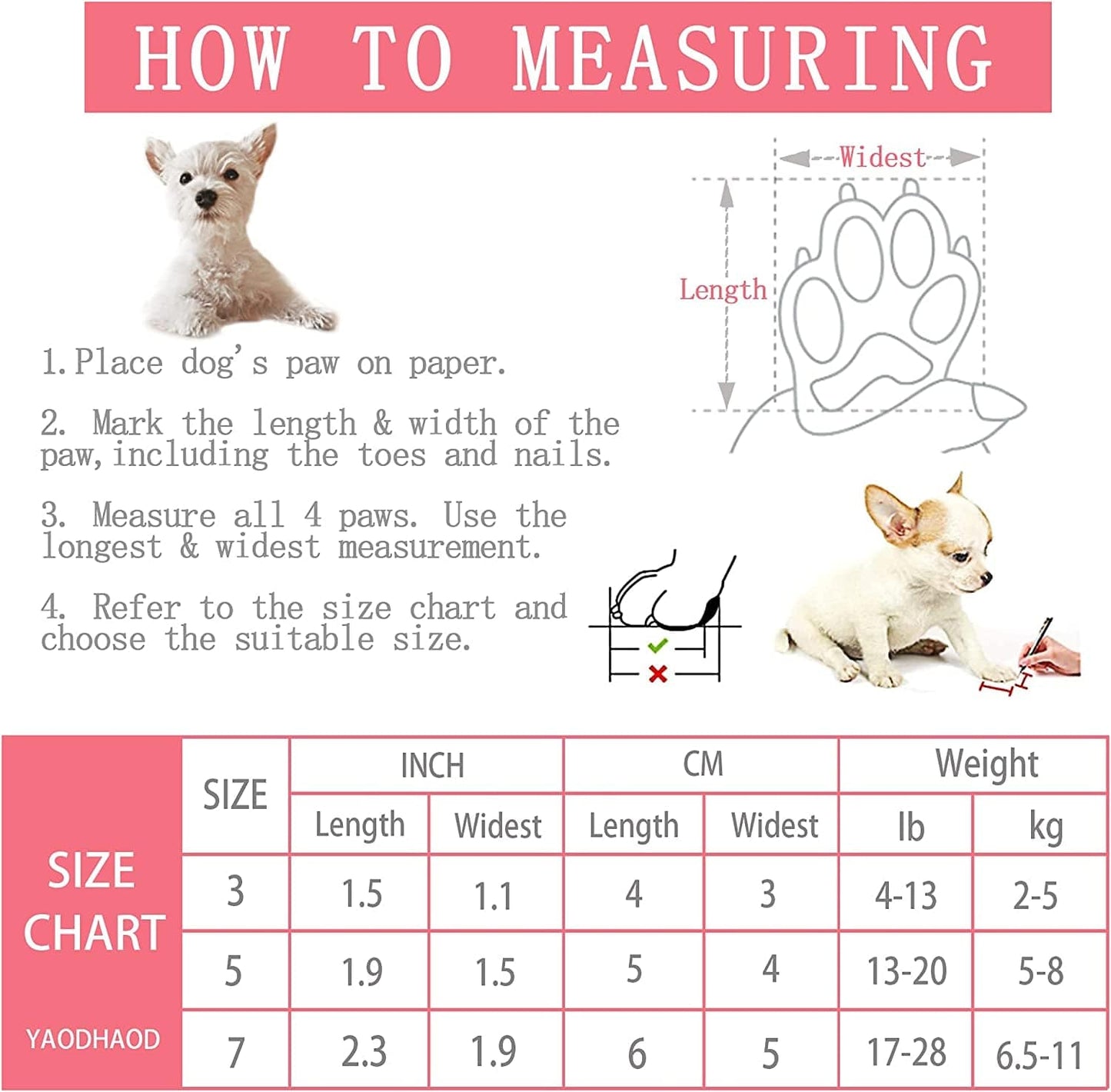 YAODHAOD Dog Shoes for Winter, Dog Boots & Paw Protectors, Fleece Warm Snow Booties for Puppy with Reflective Strip Anti-Slip Rubber Sole for Small Medium Size Dogs,Size 3: 1.5"X1.3" (L*W),Pink Animals & Pet Supplies > Pet Supplies > Dog Supplies > Dog Apparel YAODHAOD   