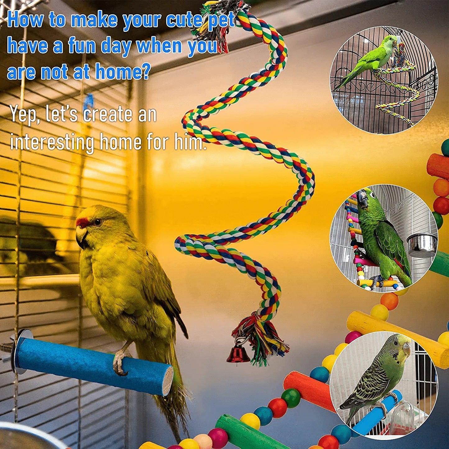 YAYMEW Bird Cage Accessories Perches Stand Rope Ladder Hanging Swing Toys for Small Parrots and Birds Only (3 Pcs)