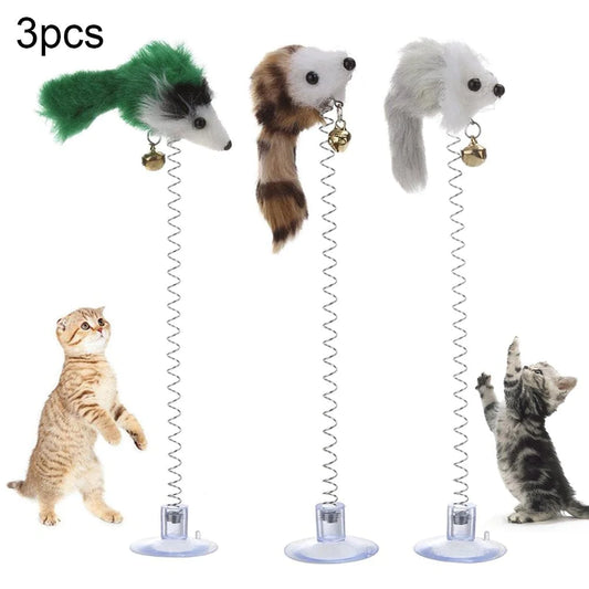 Yesbay 3Pcs Pet Cats Kitten Funny Spring Suction Cup Feather Mouse Elastic Scratch Toys