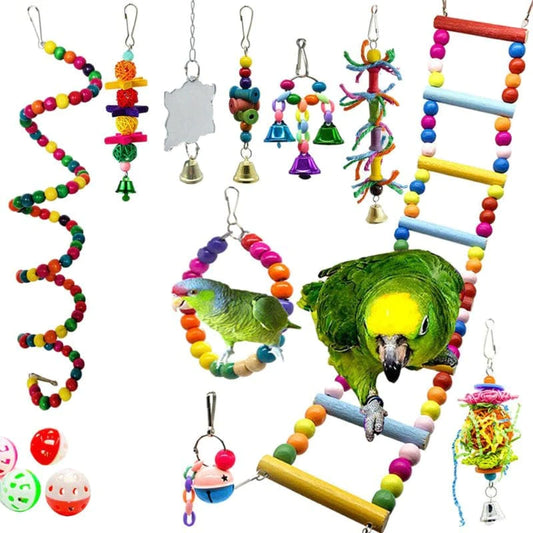 YEUHTLL 14Packs Bird Swing Chewing Toys Hanging Ladder Perch Parrot Mirror Cage Bell Toys Wood Beads Chew Bite Toy