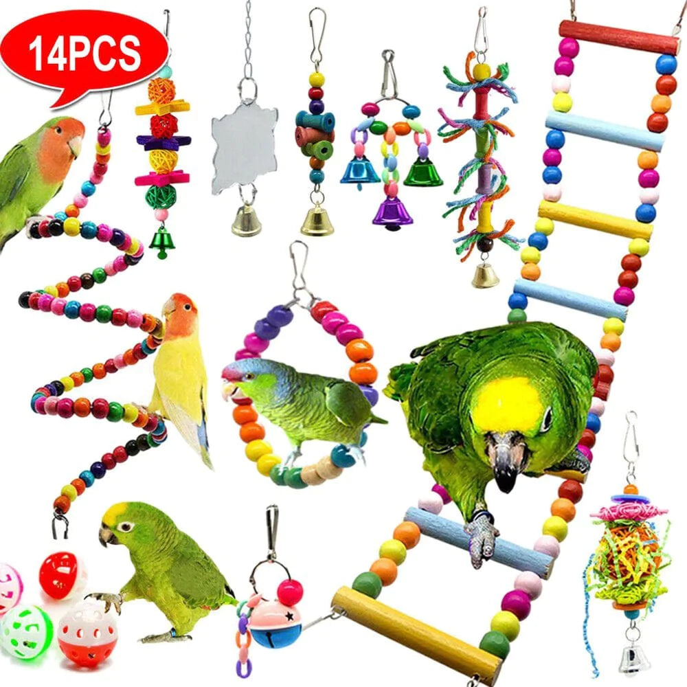 YEUHTLL 14Packs Bird Swing Chewing Toys Hanging Ladder Perch Parrot Mirror Cage Bell Toys Wood Beads Chew Bite Toy Animals & Pet Supplies > Pet Supplies > Bird Supplies > Bird Ladders & Perches YEUHTLL   