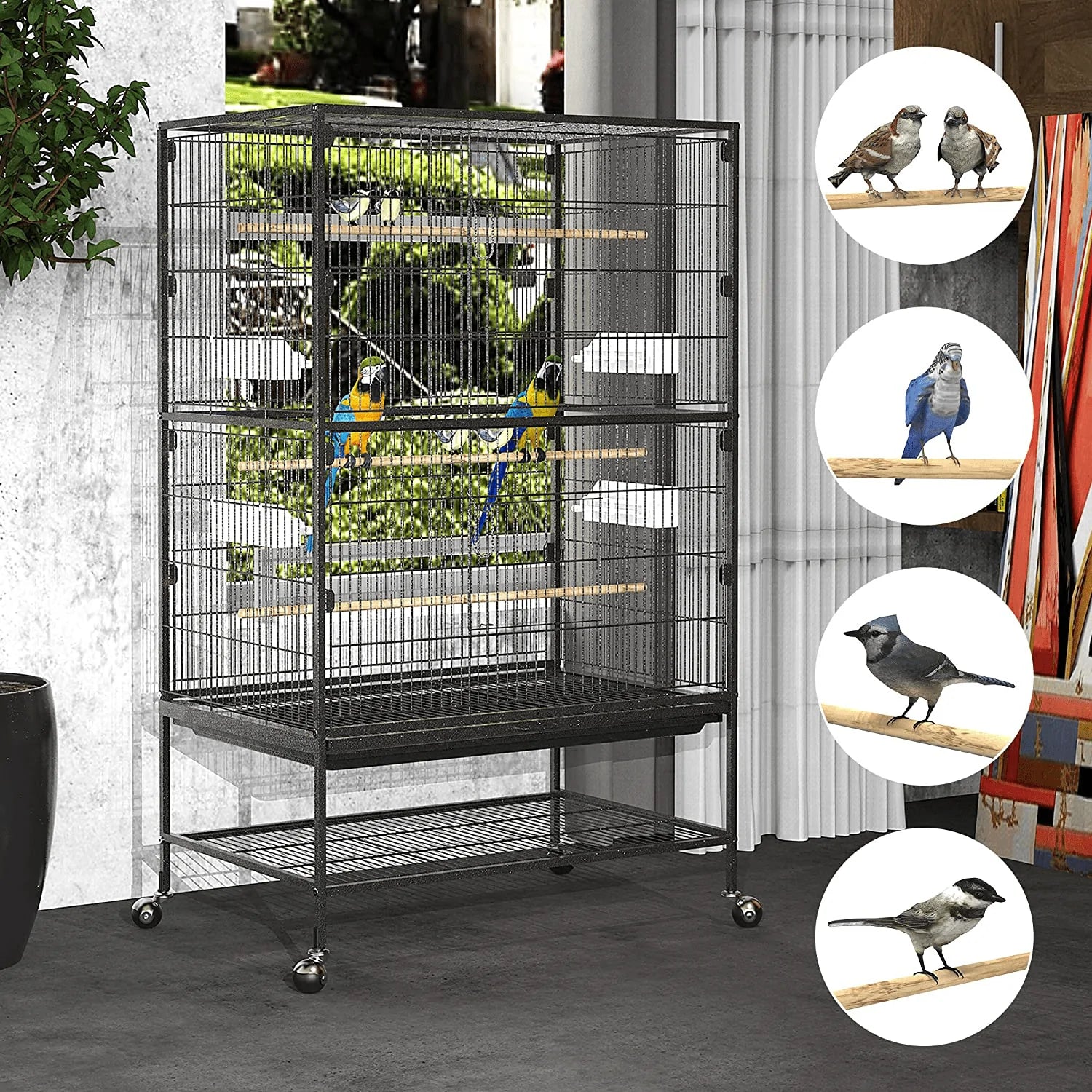 YINTATECH 52-Inch Wrought Iron Flight Bird Parakeet Parrot Cage for Large Cockatiel, Canary, Finch, Lovebird, Parrotlet, Conure, Pigeons, African Grey Quaker, Birdcage with Rolling Stand Animals & Pet Supplies > Pet Supplies > Bird Supplies > Bird Cages & Stands YINTATECH   