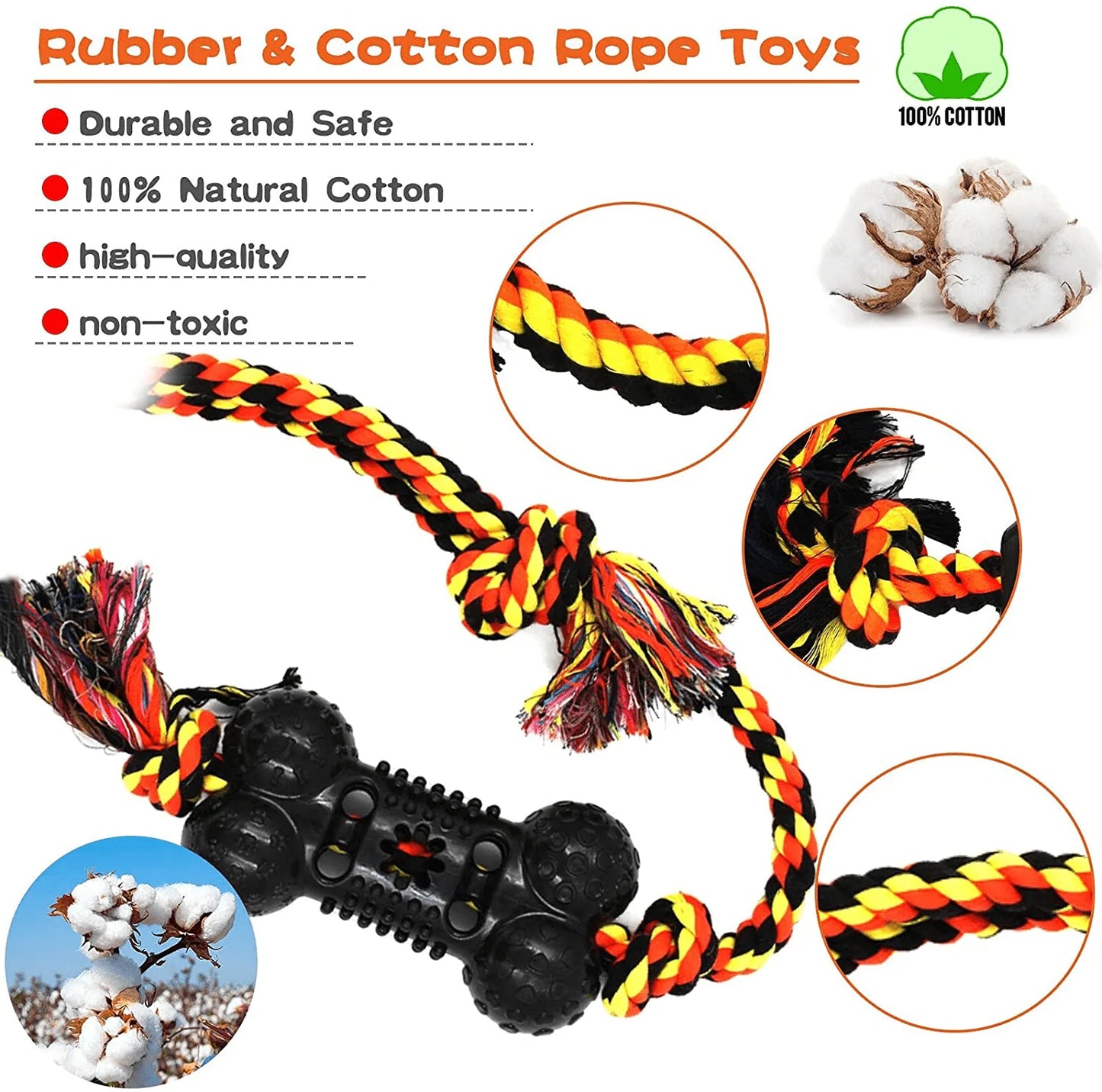 Yipetor Durable Dog Chew Toys 6 Pack, Cotton Rope Rubber Balls Chew Toy, Indestructible, Convex Design for Puppy Small Medium Large Dogs, Tug of War, Fetching, Puppy Teething Toy for Boredom, Gift