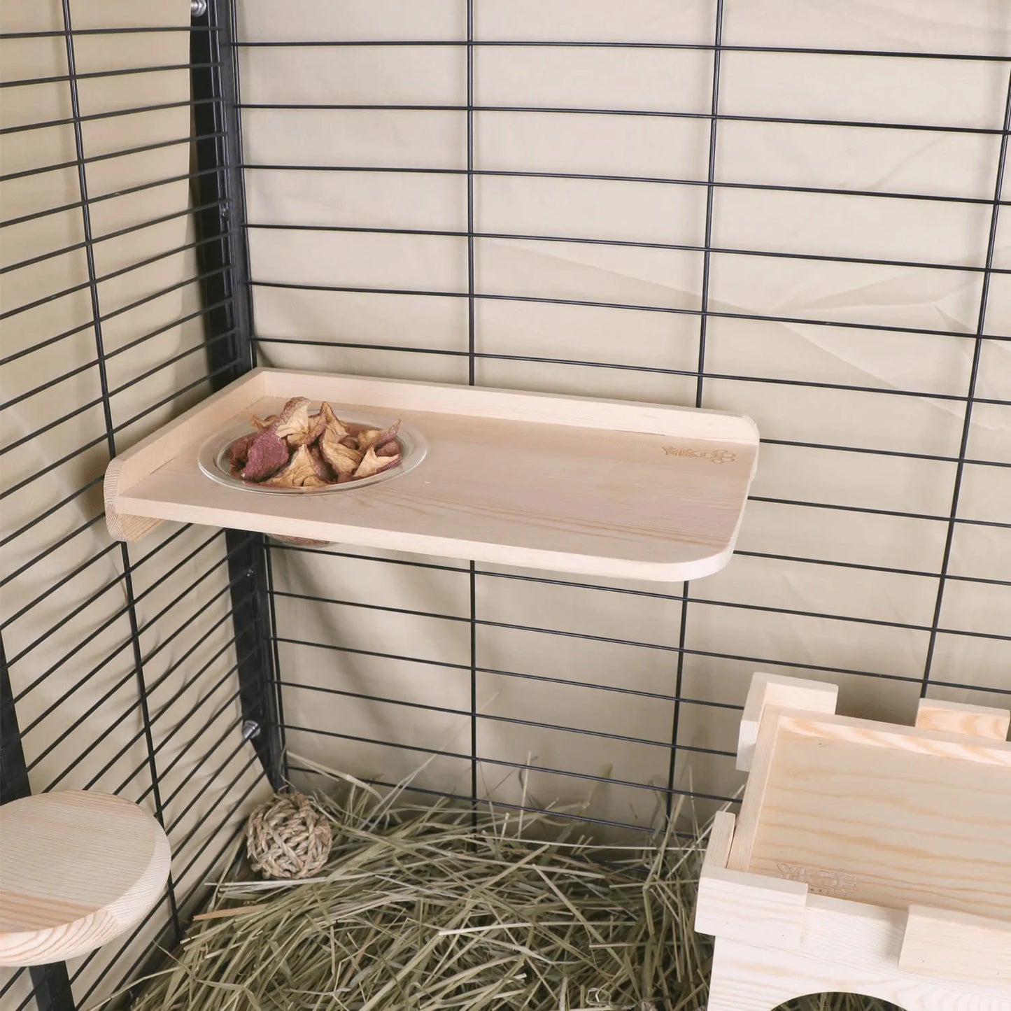 YKD Small Animals Natural Wood Stand Platform with Acrylic Feeding Bowl, Chinchilla Habitat Feeding Platform, Small Animals Cage Accessories for Chinchilla Squirrel Gerbil Suger Glider Hamsters
