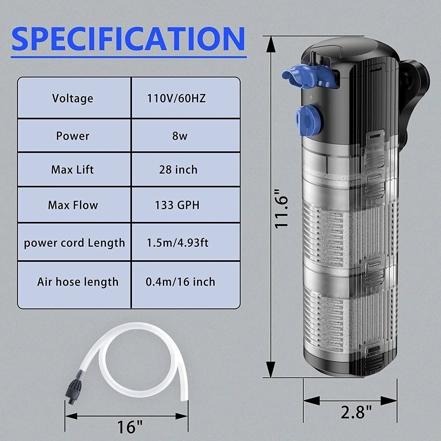 Yochaqute Aquarium Fish Tank Filter 8W Internal Filter Pump for 40 12 KOL PET