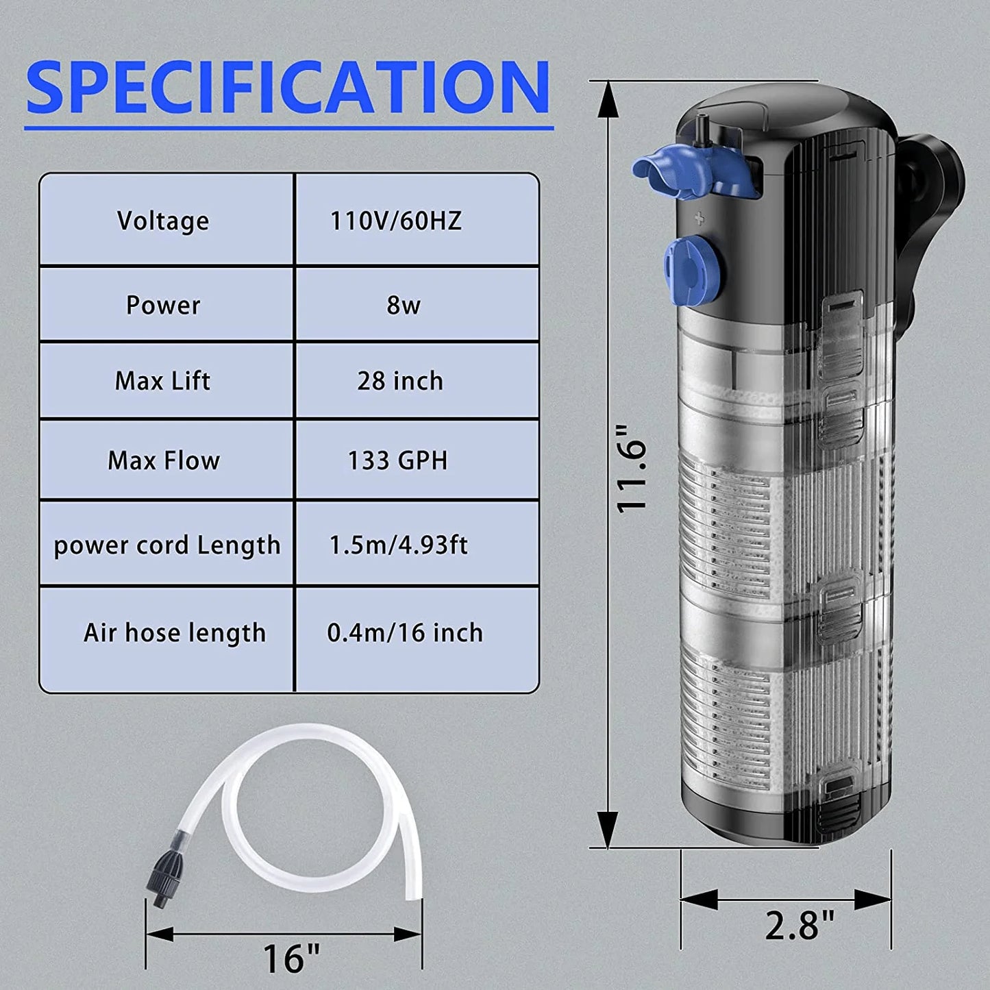 Yochaqute Aquarium Fish Tank Filter: 8W Internal Filter Pump for 40-120 Gallon Salt Water | Fresh Water | Coral Tank | Turtle Tank with 2 Stages Filtration & Strong Suction Cups Animals & Pet Supplies > Pet Supplies > Fish Supplies > Aquarium Filters Yochaqute   
