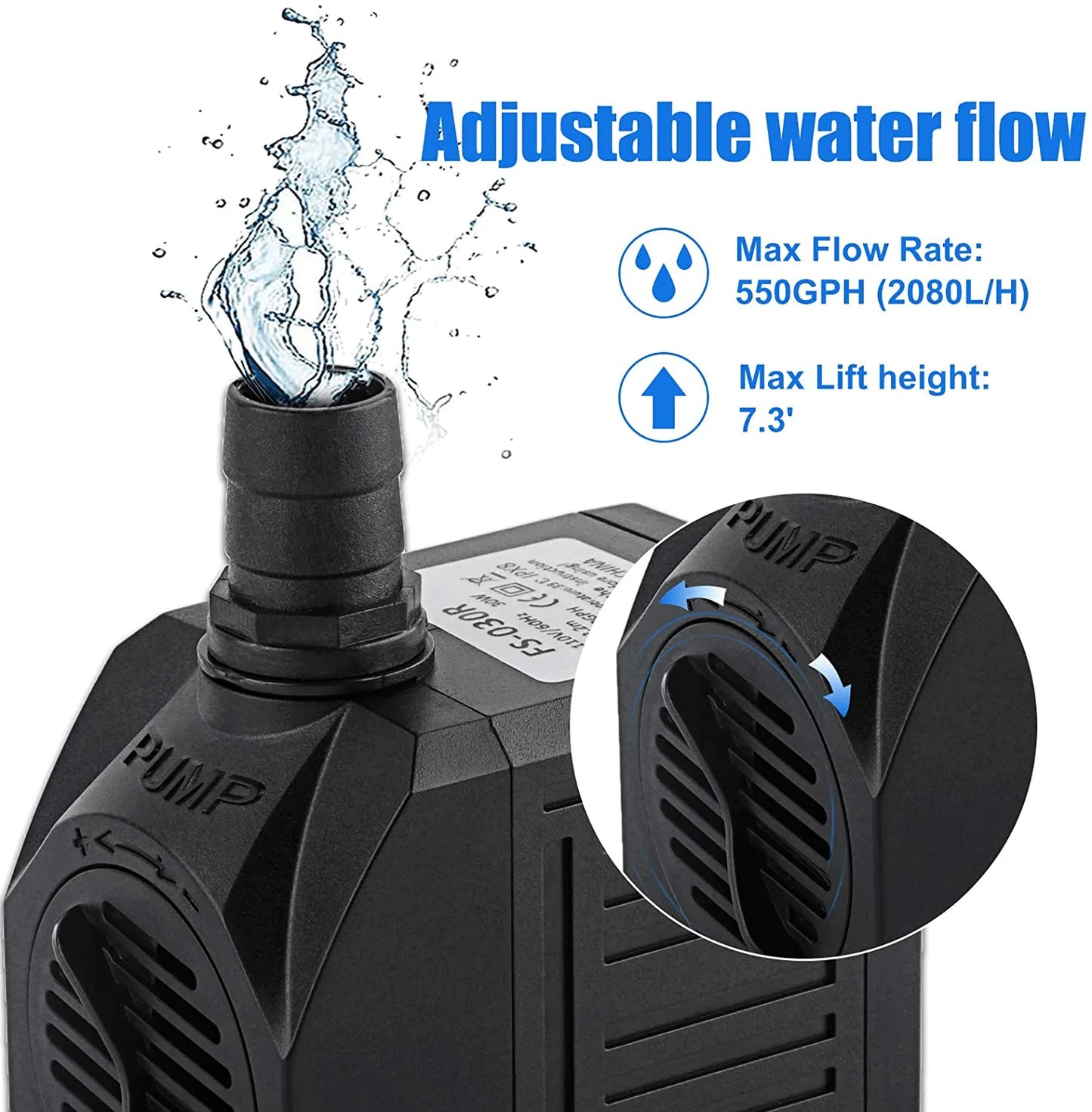 Yochaqute Aquarium Submersible Water Pump: 550GPH 30W Quiet Mini Adjustable with 6Ft Power Cord for Hydroponics | Garden Waterfall | Pond | Fish Tank | Fountain  Yochaqute   
