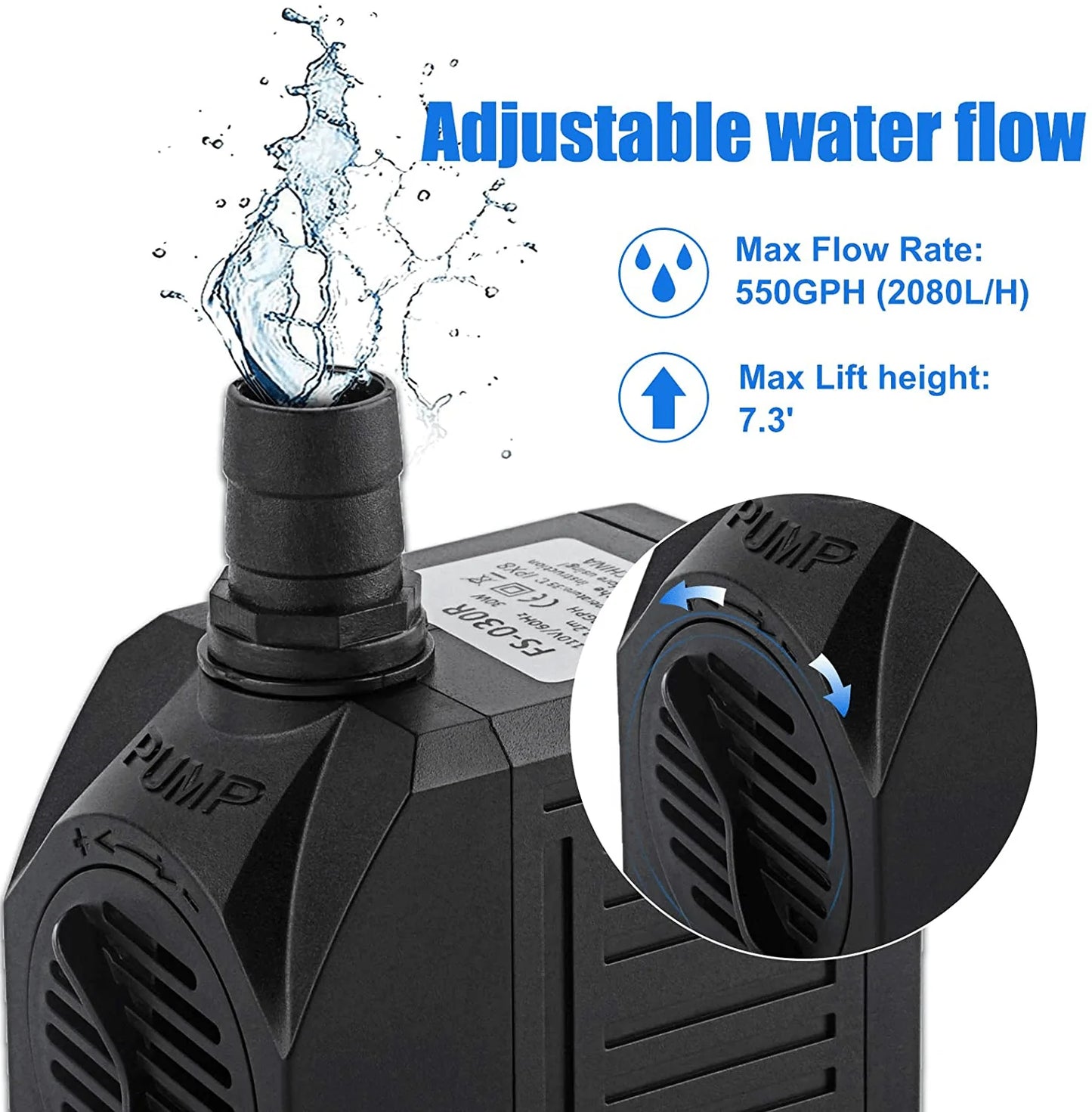 Yochaqute Aquarium Submersible Water Pump: 550GPH 30W Quiet Mini Adjustable with 6Ft Power Cord for Hydroponics | Garden Waterfall | Pond | Fish Tank | Fountain