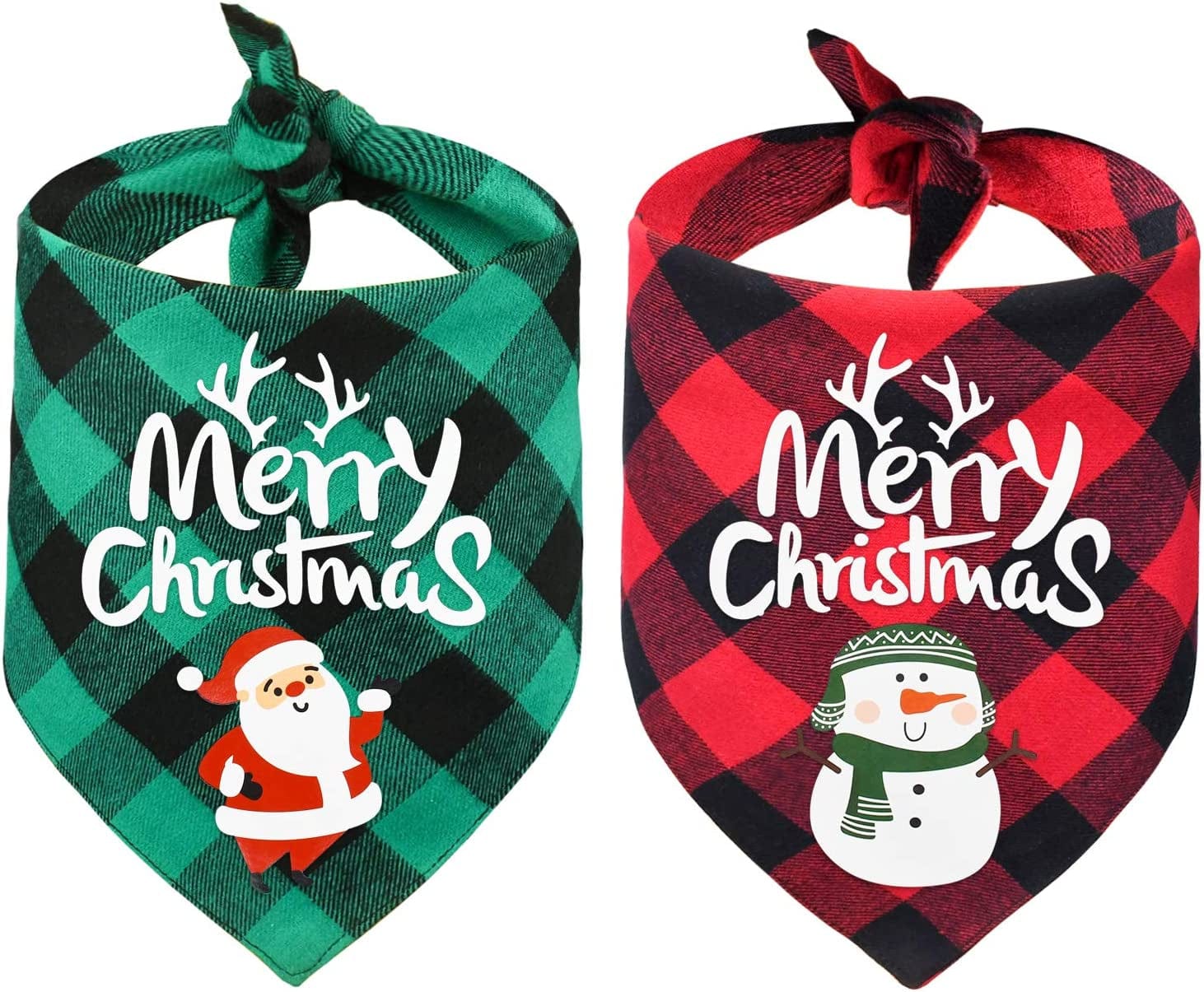 Yoochee 2 Pack Dog Christmas Bandana, Classical Buffalo Plaid Pet Bandana, Reversible Scarf Triangle Bibs Kerchief Set (2 Pack, Red&Green, Merry Chrismas Pattern) Animals & Pet Supplies > Pet Supplies > Dog Supplies > Dog Apparel Yodofol 2 Pack, Red&Green Plaid, Sante&Sonwman  