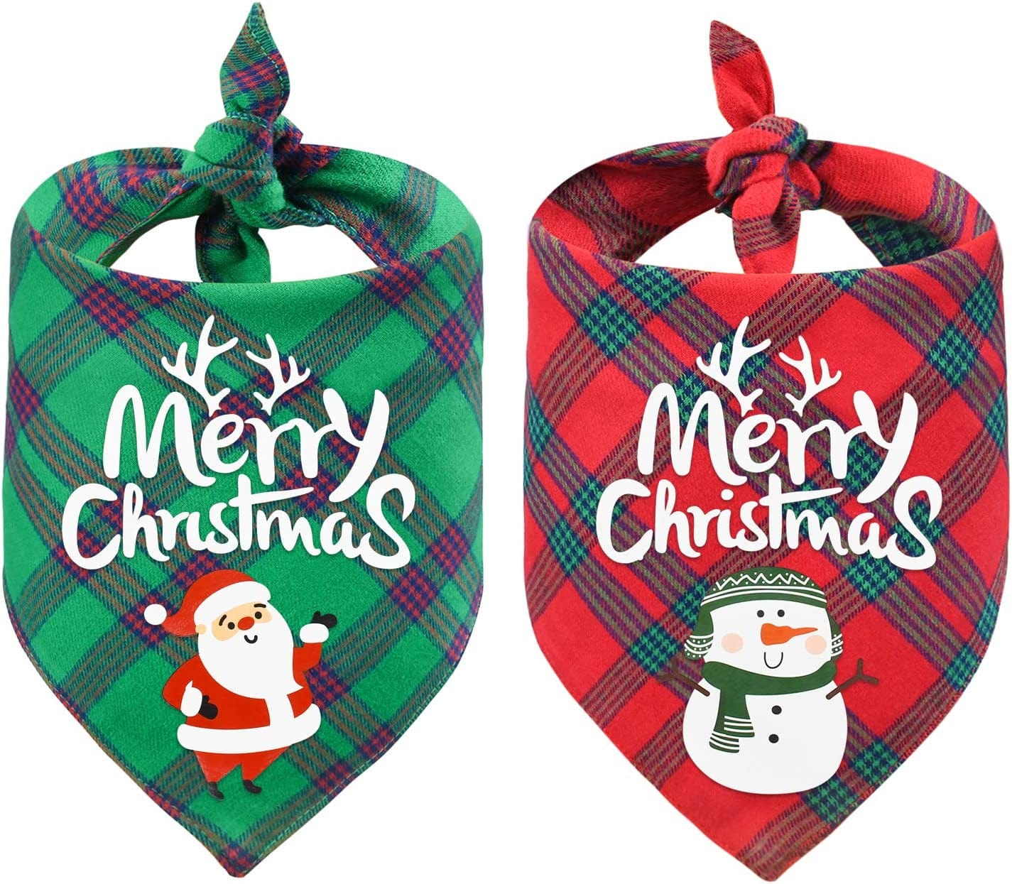 Yoochee 2 Pack Dog Christmas Bandana, Classical Buffalo Plaid Pet Bandana, Reversible Scarf Triangle Bibs Kerchief Set (2 Pack, Red&Green, Merry Chrismas Pattern) Animals & Pet Supplies > Pet Supplies > Dog Supplies > Dog Apparel Yodofol 2 Pack, Red&Green, Sante&Sonwman  