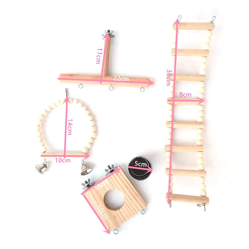 Yoone 4Pcs Pet Bird Parrot Hamster Wood Bell Swing Perch Board Ladder Hanging Chew Toy