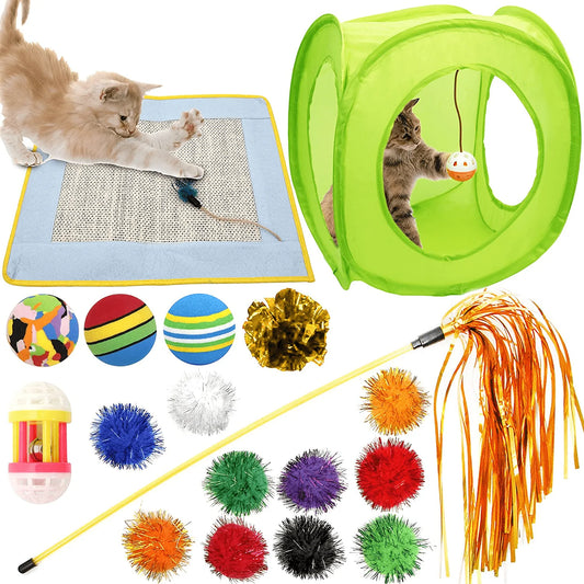 Youngever 18 Cat Toys Kitten Toys Assortments, Cat Teaser Wand, Interactive Bell Toy, Sparkle Balls for Cat, Puppy, Kitty, Kitten Animals & Pet Supplies > Pet Supplies > Cat Supplies > Cat Toys Youngever LLC with Square Tunnel and Scratching Mat  